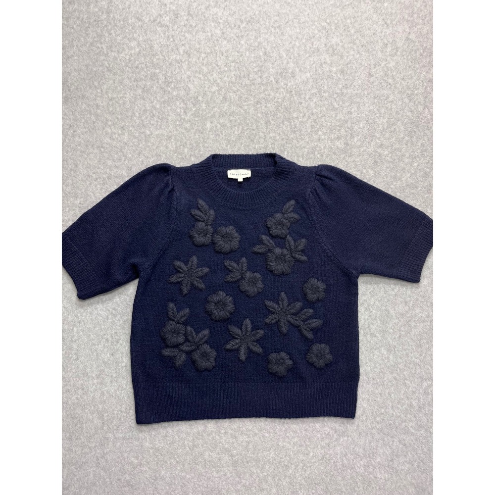Entro Womens Navy Blue Short Sleeve 3D Floral Embroidered Boho Sweater Medium